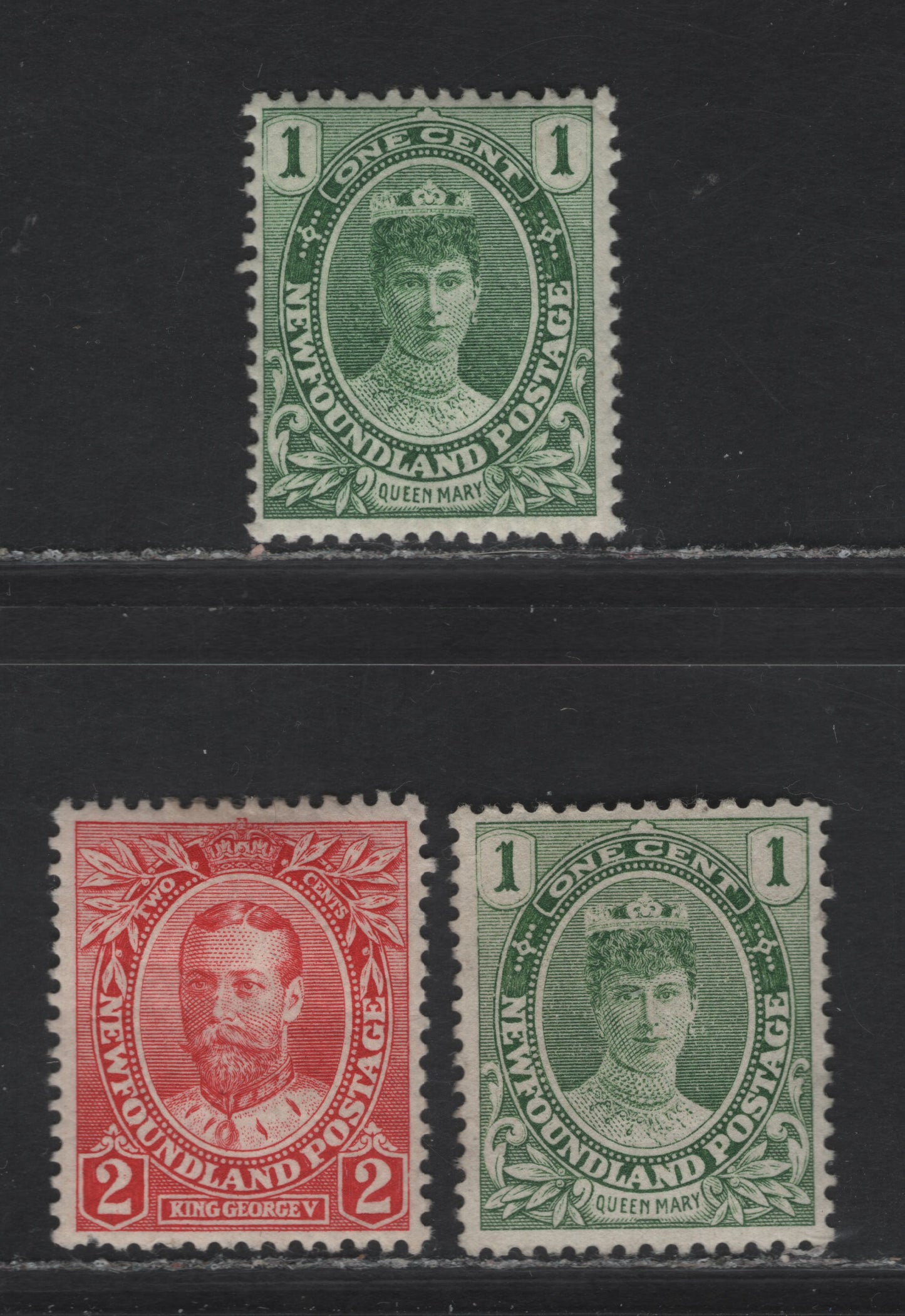 Lot 88 (C) Newfoundland #104,b, 105 1c - 2c Green - Carmine Queen Mary - King George V, 1911 Royal Family Issue, 3 FOG & Very Fine Unused Singles, Paper WM-B, 1c Yellowish Green Is Comb Perf 13.9x14.1, 1c Green Is Comb Perf 13.9x14, 2c Is Comb Perf 14.