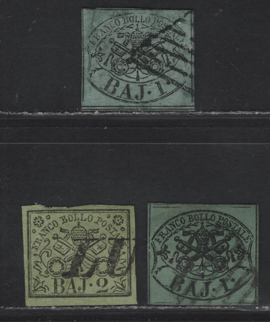 Lot 104 Roman States SC#2, 2a, 3a 1b - 2b Black & Gray Green - Black on Yellow Green Arms, 1852 Imperf Papal Arms Issue, 3 Very Fine Used Singles, 1b's Show Either Full or Traces Of Dividing Lines On All 4 Sides, 2b Has Full Margins On 2 Sides