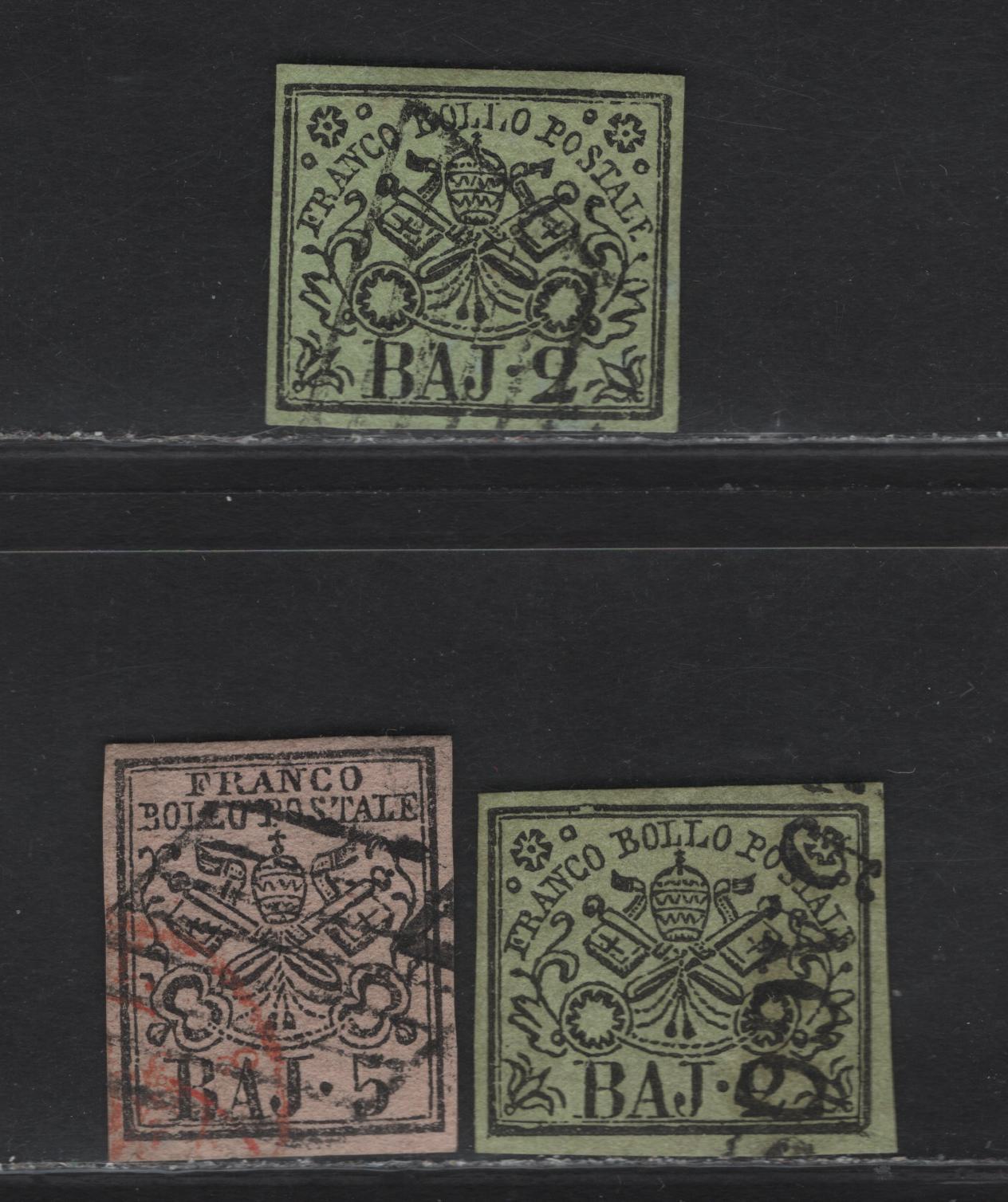 Lot 105 Roman States SC#3a, 6a 2b - 5b Black on Yellow Green - Black on Pale Rose Arms, 1852 Imperf Papal Arms Issue, 3 Very Fine Used Singles, Slight Shade Differences With 2b, All Possess All Required Characteristics of A Genuine Stamp