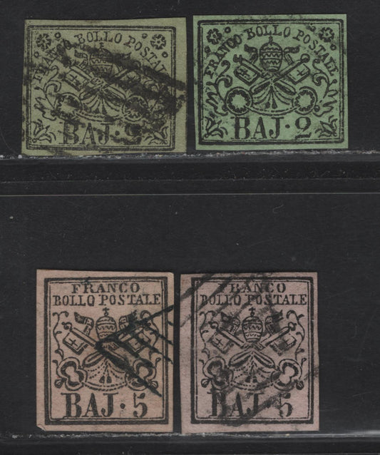 Lot 106 Roman States SC#3a, 6a 2b - 5b Black on Yellow Green - Black on Pale Rose Arms, 1852 Imperf Papal Arms Issue, 4 Fine/Very Fine Used Singles, 2 Unlisted Paper Shades