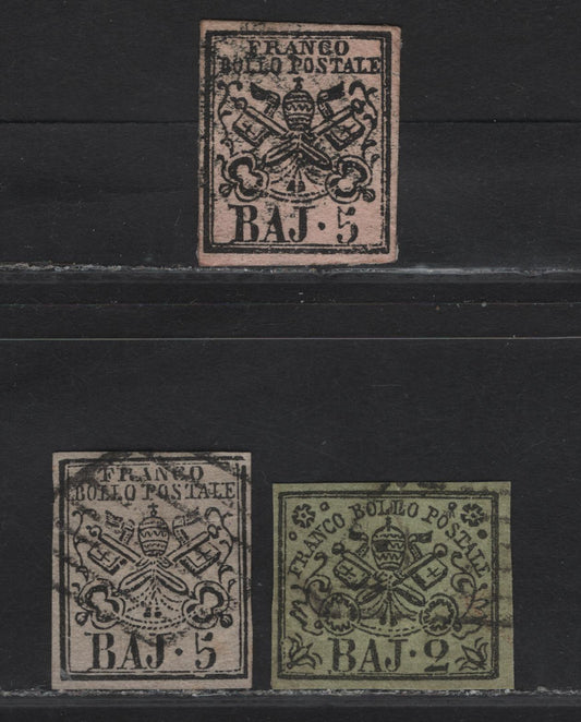 Lot 107 Roman States SC#3a, 6a 2b - 5b Black on Pale Yellow Green, Pinkish White & Pale Rose Arms, 1852 Imperf Papal Arms Issue, 3 Fine/Very Fine Used Singles