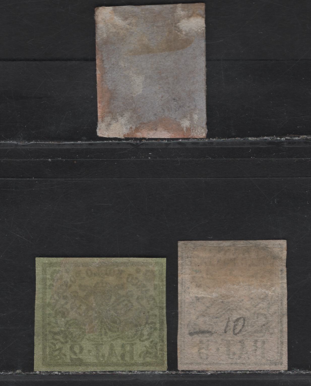 Lot 107 Roman States SC#3a, 6a 2b - 5b Black on Pale Yellow Green, Pinkish White & Pale Rose Arms, 1852 Imperf Papal Arms Issue, 3 Fine/Very Fine Used Singles
