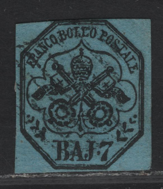 Lot 108 Roman States SC#8 7b Black on Blue Arms, 1852 Imperf Papal Arms Issue, A Fine Used Single, Full Margin On Right, Just Touching At Top, Clear But Close Margins At Left & Bottom