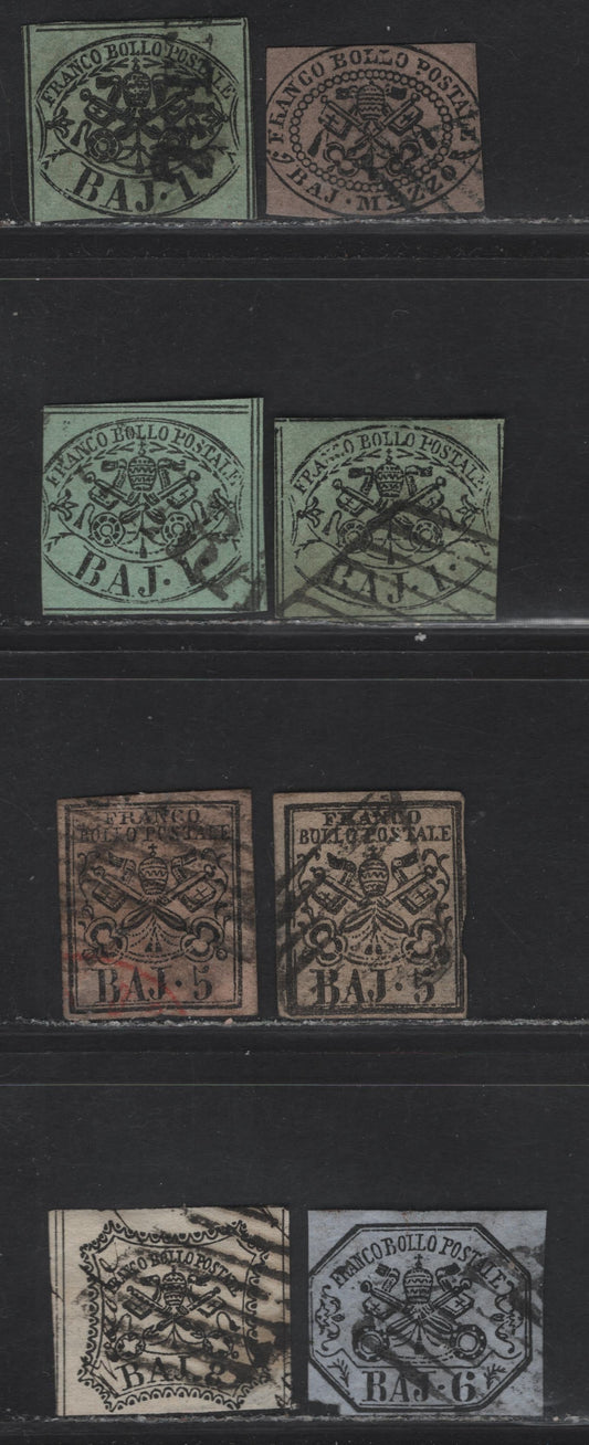 Lot 109 Roman States SC#1b, 2-a, 6-a, 7, 9 1/2b - 6b Black on Gray-Lilac - Black On Gray & Black Arms, 1852 Imperf Papal Arms Issue, 7 Ungraded Used Singles, Generally VG, Some Having Minor Thins Or Margins Cutting In