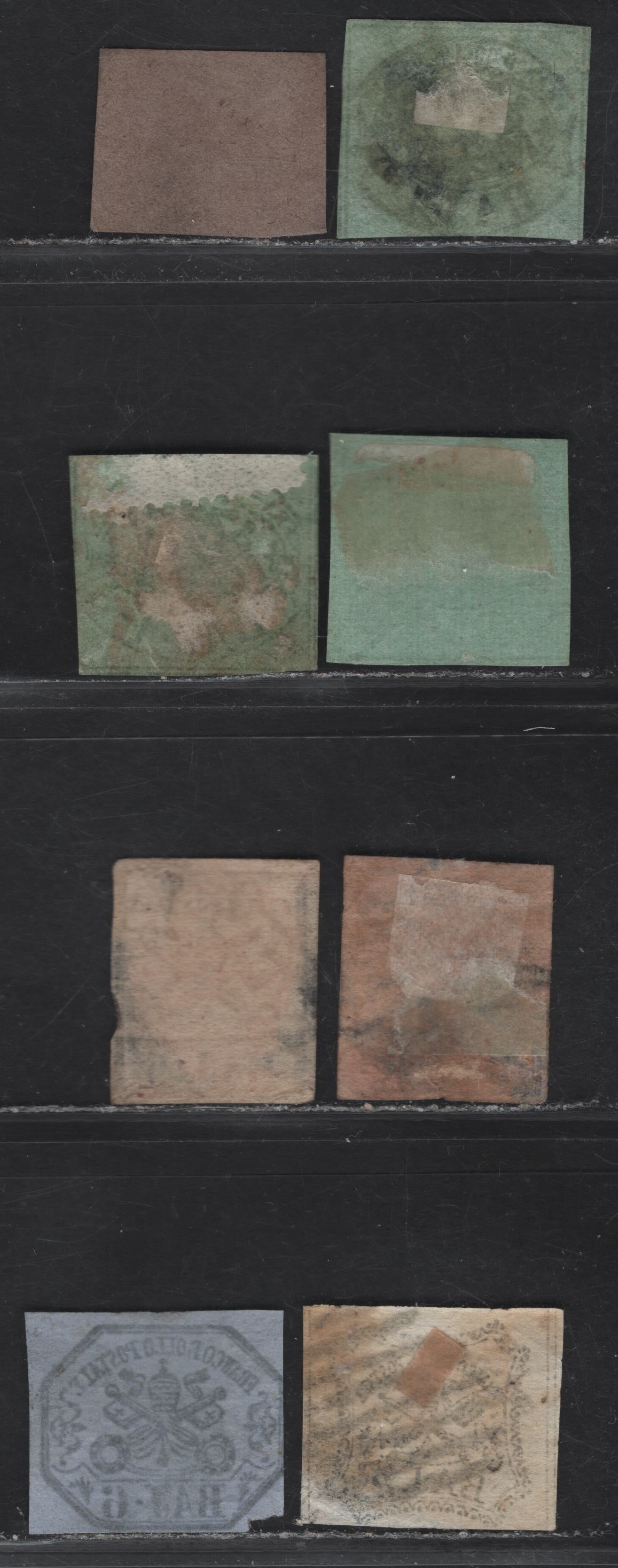 Lot 109 Roman States SC#1b, 2-a, 6-a, 7, 9 1/2b - 6b Black on Gray-Lilac - Black On Gray & Black Arms, 1852 Imperf Papal Arms Issue, 7 Ungraded Used Singles, Generally VG, Some Having Minor Thins Or Margins Cutting In