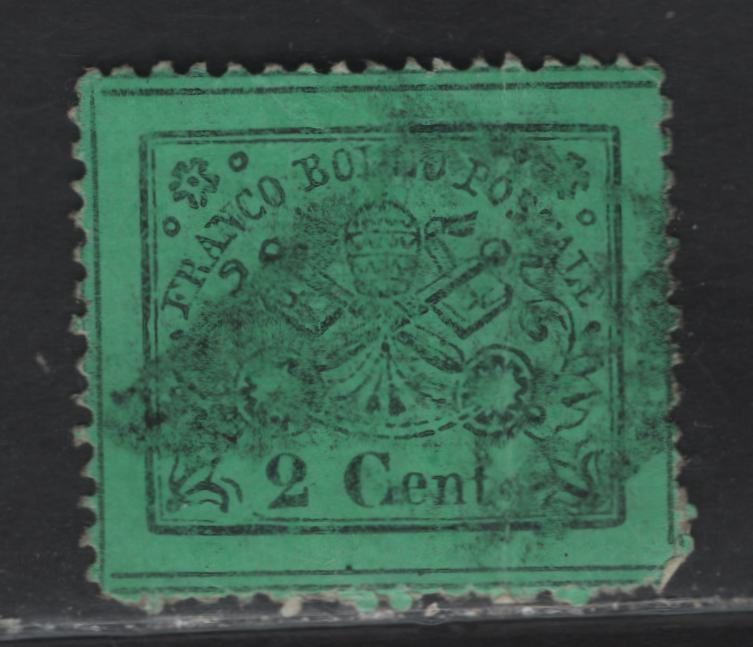 Lot 110 Roman States SC#19 2c Black on Green Arms, 1868 Perforated Glazed Paper Papal Arms Issue, A Very Good Used Singles, Broken Horizontal Dividing Lines At left, Continuous At Right Indicating This A Left Sheet Margin Example