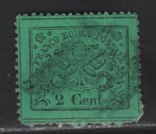 Lot 110 Roman States SC#19 2c Black on Green Arms, 1868 Perforated Glazed Paper Papal Arms Issue, A Very Good Used Singles, Broken Horizontal Dividing Lines At left, Continuous At Right Indicating This A Left Sheet Margin Example