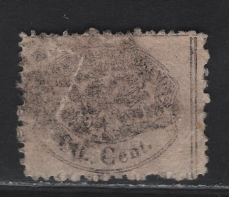 Lot 111 Roman States SC#25e 80c Black on Pale Rose Arms, 1868 Perforated Glazed Paper Papal Arms Issue, A Good Used Single, Some Surface Damage, Creases 7 Thins, Horizontal Dividing Lines Can Be Seen to be Continuous At Upper Right