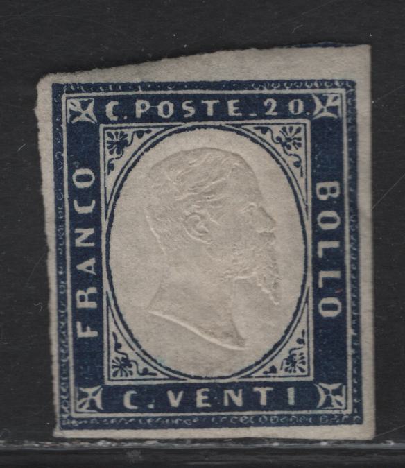 Lot 112 Sardinia SC#12 20c Indigo King Victor Emmanuel II, 1855-1863 King Victor Emmanuel II Issue, A FOG Single, One Full Margin, 3 Close Margins, Small Wrinkle At Base Between NT of Venti