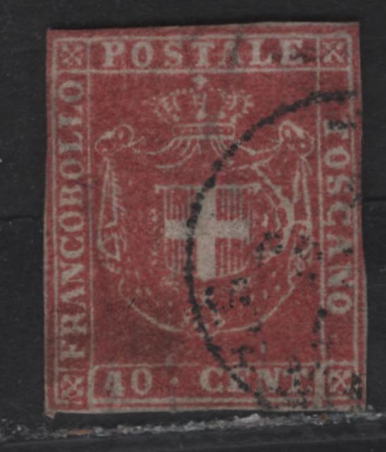 Lot 113 Tuscany SC#21 40c Rose Coat of Arms, 1860 Arms Issue, A Fine Used Imperf Single, Full 1/4mm Margin At Base, Clear To touching At Left & Top, Just Barely In At Right.