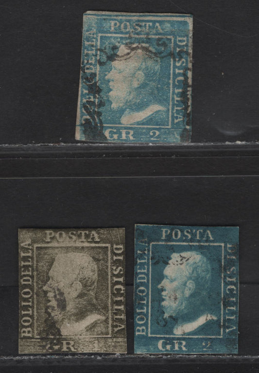 Lot 114 Sicily SC#12i, 13g, 13h 1gr - 2g Olive Green - Pale Blue Ferdinand II, 1859 Ferdinand II Issue, 3 Ungraded Used Singles, Hard White Paper From the Palerno Consignment, Generally Sound, But No Margins Or Margins On 2 Sides With A Crease At Top.