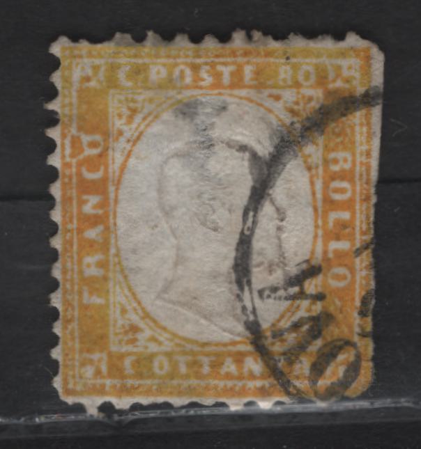 Lot 115 Italy SC#21b 80c Dark Yellow Victor Emmanuel II, 1863 Victor Emmanuel II Issue, An Ungraded Used Single, Showing Significant Plate Flaws At 'Franco', Significant Faults