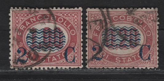 Lot 116 Italy SC#39, 41 2c on 20c - 2c on 1l Lake Waves, 1878 Official Surcharged Issue, 2 Very Fine Used Singles