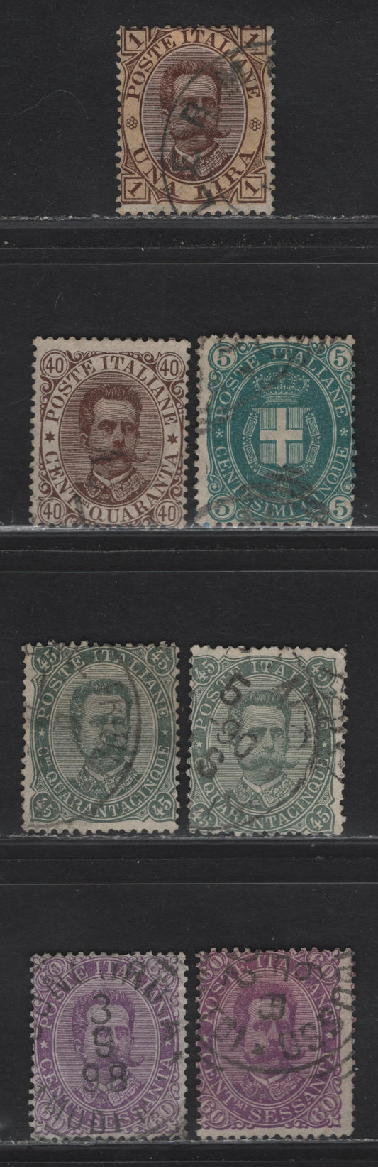 Lot 118 Italy SC#52-56 5c - 1l Dark Green - Brown & Yellow King Humbert I, 1889 King Humbert I Issue, 7 Fine Used Singles, Two Different Shades Of The 45c & 5c