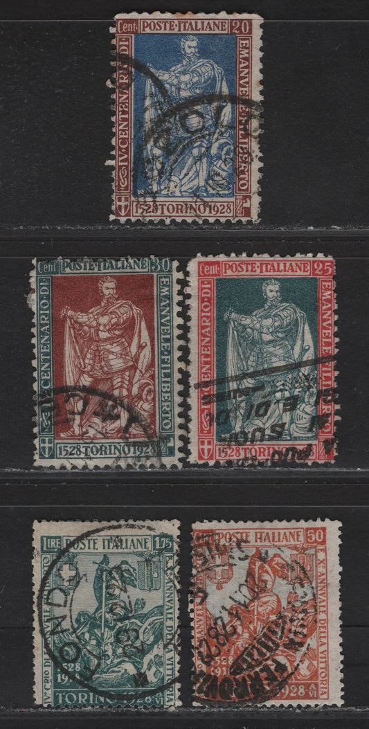 Lot 120 Italy SC#201-204, 207 20c - 1.75l Red Brown & Ultramarine - Blue Green Emmanuel Phillibert, 1928 Phillibert Issue, 5 Very Good Used Singles