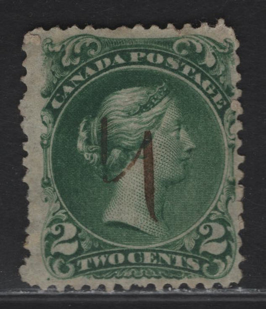 Lot 12 (C) Canada #24b 2c Dark Green Queen Victoria, 1868-1876 Large Queen Issue, A Good Used Single, Paper FO-W (Thin, Translucent Vertical Wove), Small Diagonal Corner Crease At LR