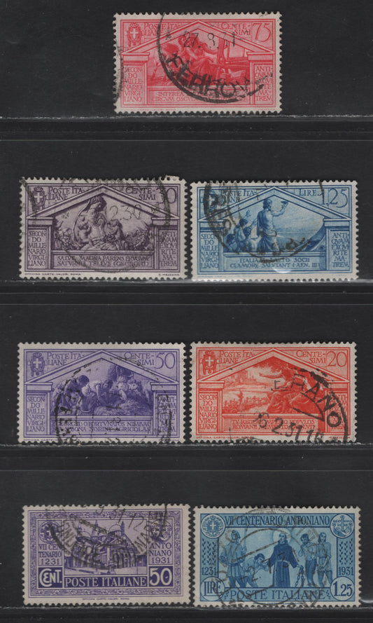 Lot 121 Italy SC#249, 251-254, 261-262 20c - 1.25l Orange - Blue Virgil - St Francis, 1930-1931 Virgil - St Francis of Assisi Issues, 7 Very Fine Used Singles, Postally Used With Contemporaneous Cancels