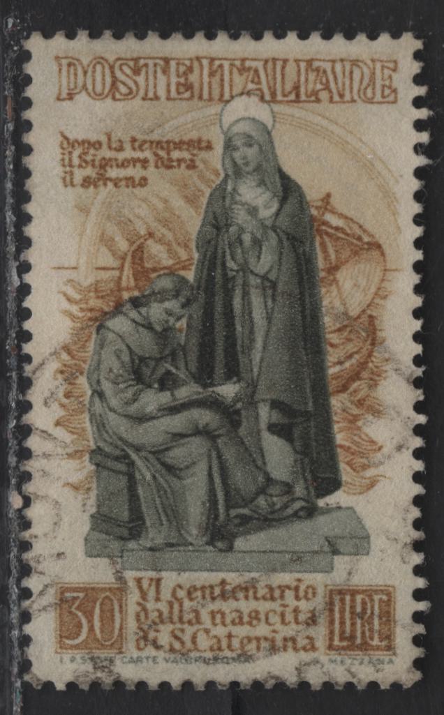 Lot 123 Italy SC#492 30l Bistre & Gray Brown Catherine Of Siena, 1948 Catherine Of Siena Issue, A Very Fine Used Single, Cancellation is Unclear, So Catalogued as Mint
