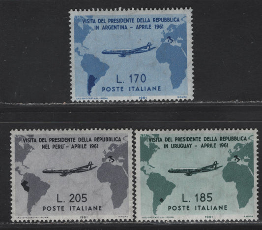 Lot 125 Italy SC#832-834 170l - 205l Ultraarine - Violet Black Pres. Gronchi, 1961 Visit To South American Issue, 3 VFNH Singles