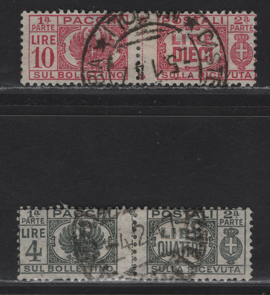 Lot 129 Italy SC#Q58, Q59 4l - 19l Gray - Rose Lilac Arms, 1946 Parcel Post Issue, 2 Fine Used Pairs, Fasces Removed