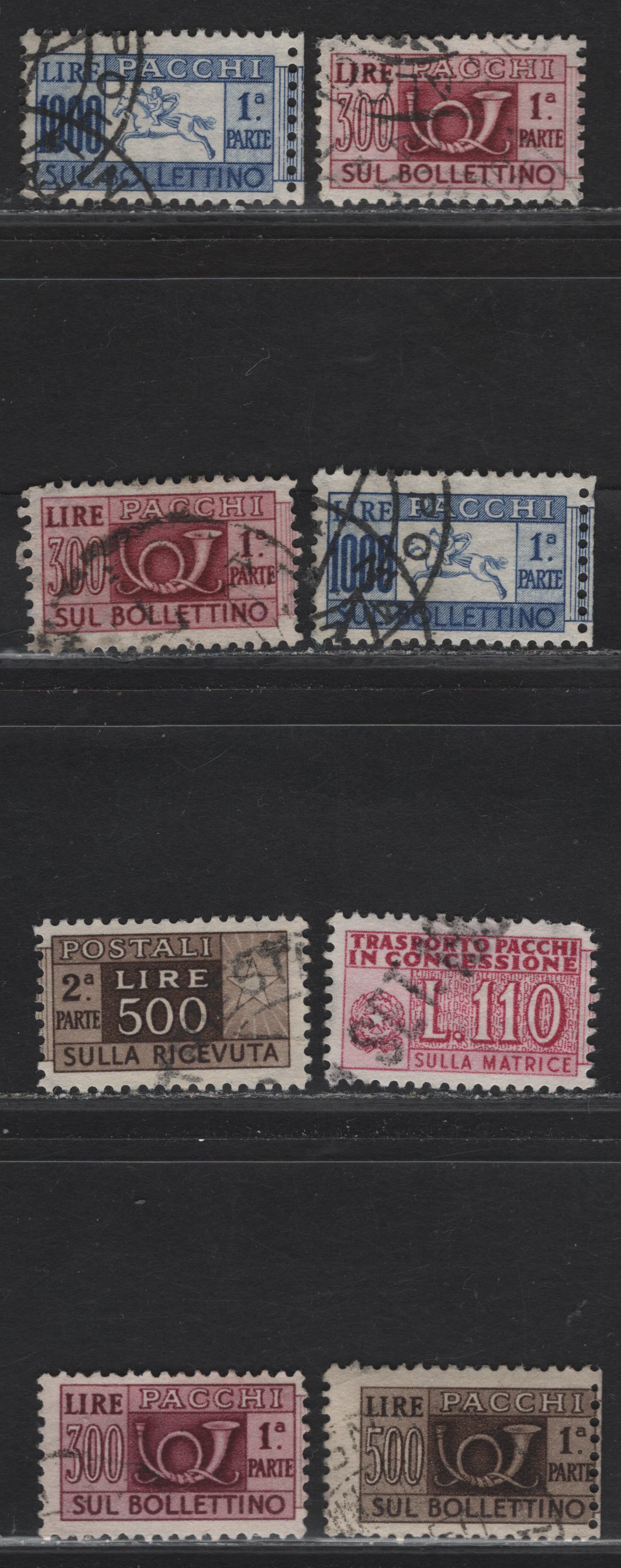 Lot 130 Italy SC#Q74-Q76, QY4 300l - 110l Brown Carmine - Lilac Rose, 1946-1954 Parcel Post & Parcel Post Authorized Delivery Stamps, 8 Fine/Very Fine Used Singles, Used Halves, Winged Wheel Wmk, With Both Halves Or Slight Shade Differences.