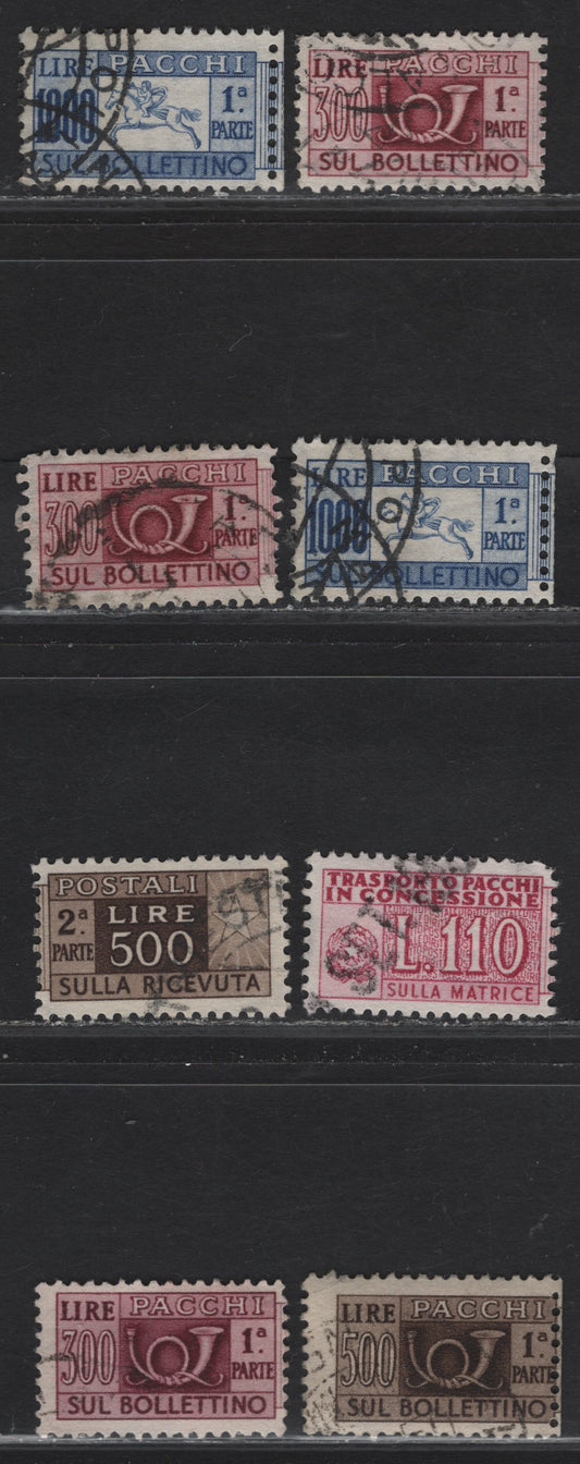Lot 130 Italy SC#Q74-Q76, QY4 300l - 110l Brown Carmine - Lilac Rose, 1946-1954 Parcel Post & Parcel Post Authorized Delivery Stamps, 8 Fine/Very Fine Used Singles, Used Halves, Winged Wheel Wmk, With Both Halves Or Slight Shade Differences.