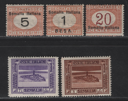 Lot 135 Somalia SC#138a-139a, J14, J23, J31 5c - 1l Deep Red Brown - Black & Buff Helicopter - Numerals, 1926-1937 Postage Dues - Photogravure Pictorial Issue, 5 F/VFOG Singles, Perf 14