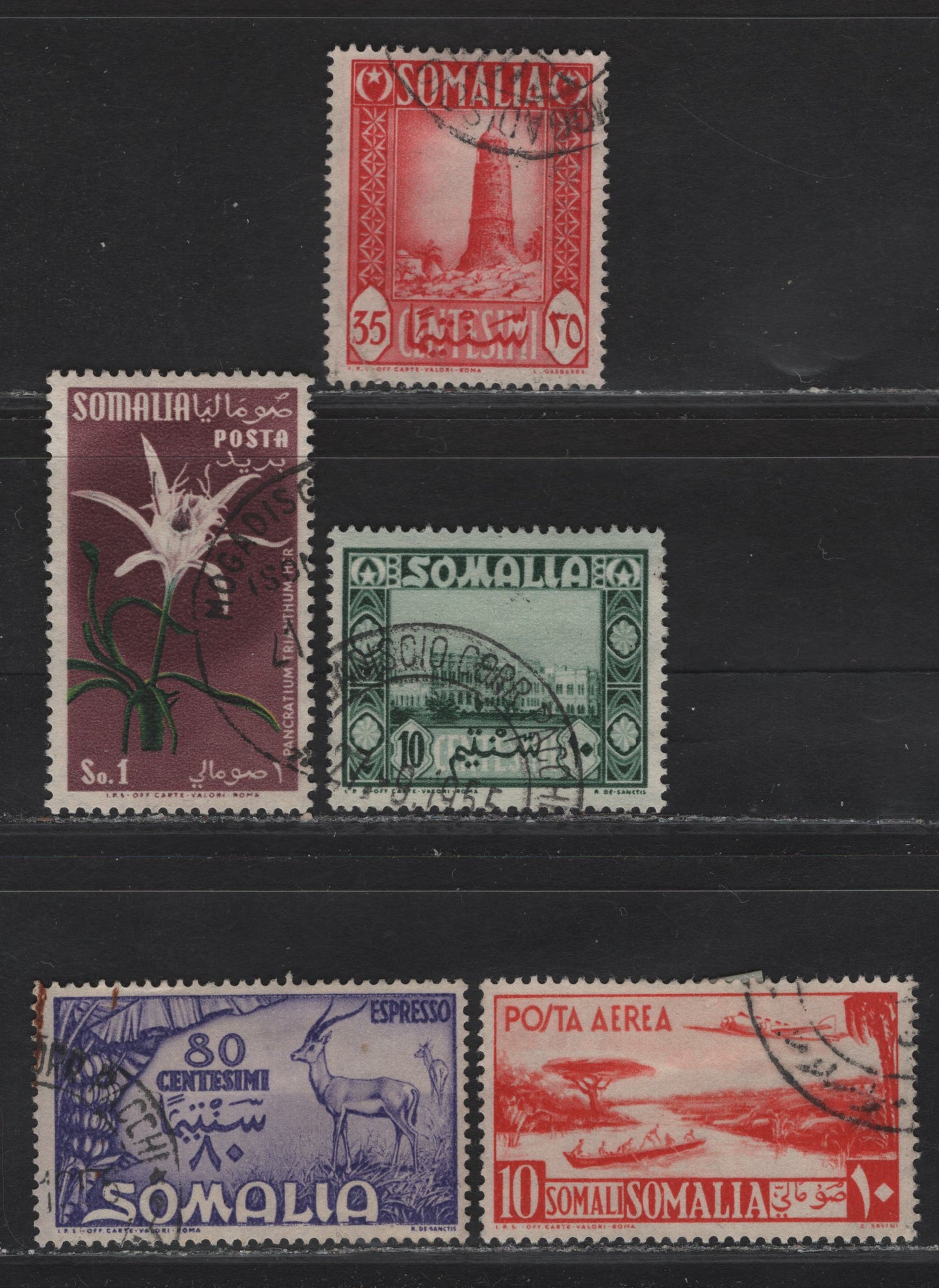 Lot 136 Somalia SC#174, 176, 203, C27, E9 10c - 80c Dark Green - Violet Buildings - Wildlife, 1950-1951 Pictorial - Special Delivery, 5 Fine/Very Fine Used Singles, 35c Red Is Not Counted - Corner Crease & Cancellation Is Likely Not Contemporary