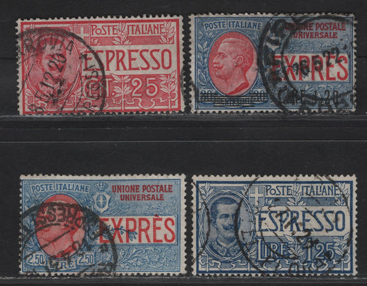 Lot 137 Somalia SC#E1, E5, E8, E10 25c - 1.2l on 30c Rose Red - Blue & Red Victor Emmanuel III, 1903-1921 Special Delivery Issue, 4 Fine Used Singles
