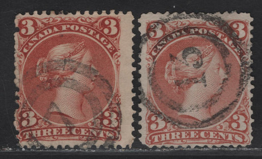 Lot 14 (C) Canada #25 3c Deep Copper Red - Dull Copper Red Queen Victoria, 1868-1876 Large Queen Issue, 2 Very Good/Fine Used Singles, Papers FO-N (Duckworth 4) & FO-O (Duckworth 10), Perfs 11.9 & 12, 2 Ring #7 Cancel (Saint John) & #3 (Belleville On).