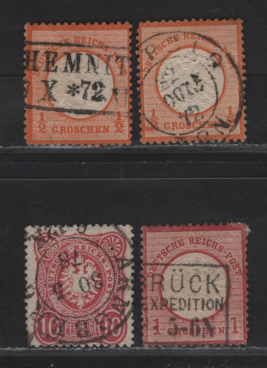 Lot 142 North German Confederation SC#16-17, 31 1/2gr - 10pf Orange - Rose Eagle With Shield - Arms, 1872-1877 Embossed Eagle - Arms Issues, 4 Fine/Very Fine Used Singles, Arms Issue With Final 'E' In Pfennige