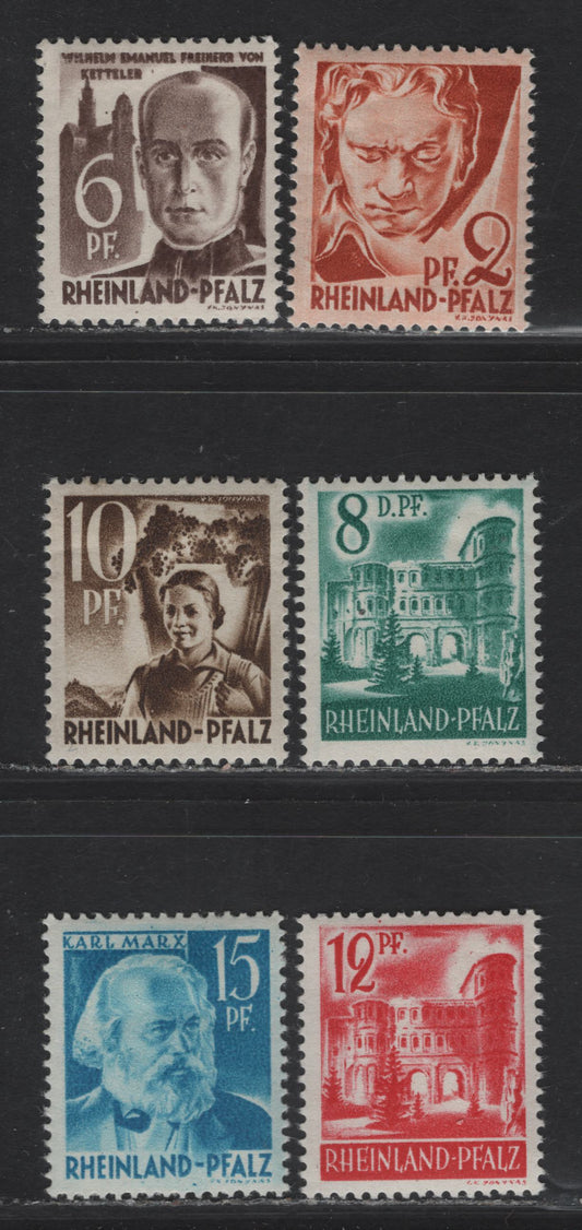 Lot 144 Germany - French Zone - Rhine Palatinate SC#6N16/6N21 2pf - 15pf Deep Brown Orange - Blue Pictorials, 1948 Second Pictorial Issue, 6 VFNH/OG Singles, New Colors, Paper Y (White Wove), Various Types.