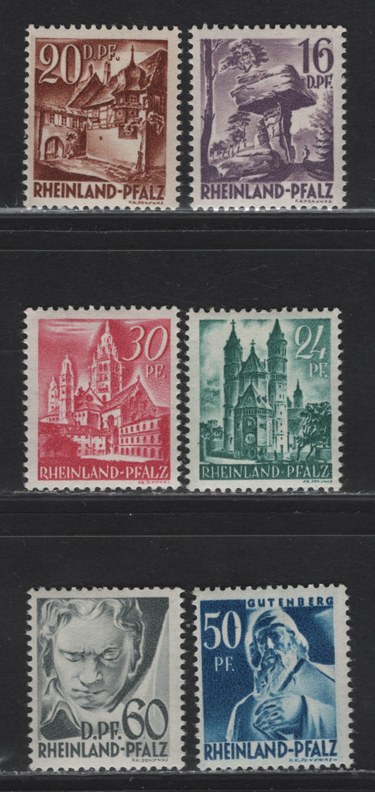 Lot 145 Germany - French Zone - Rhine Palatinate SC#6N22-6N27 16pf -60pf Dark Violet - Gray Pictorials, 1948 Second Pictorial Issue, 6 FOG/VFNH Singles, New Colors, Various Types
