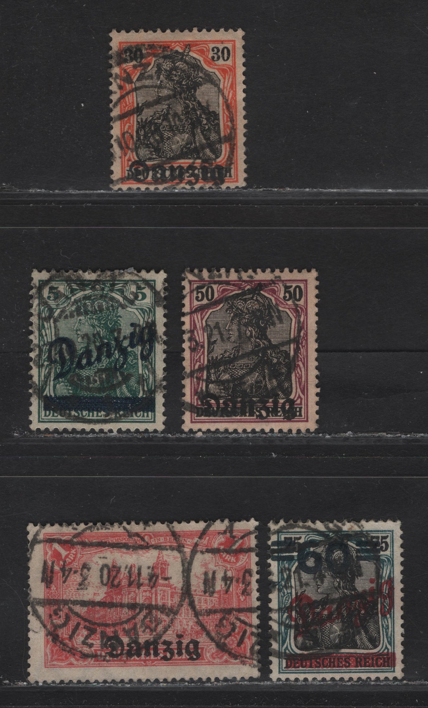 Lot 146 Danzig SC#5, 7-8, 34, 62 30pf - 60pf on 75pf Orange & Black on Buff - Black & Dark Blue Green Germania - , 1920-1921 Overprinted Issue, 5 Fine/Very Fine Used Singles, Postally Used With Contemporaneous Cancels, All With BPP Guarantee Handstamps