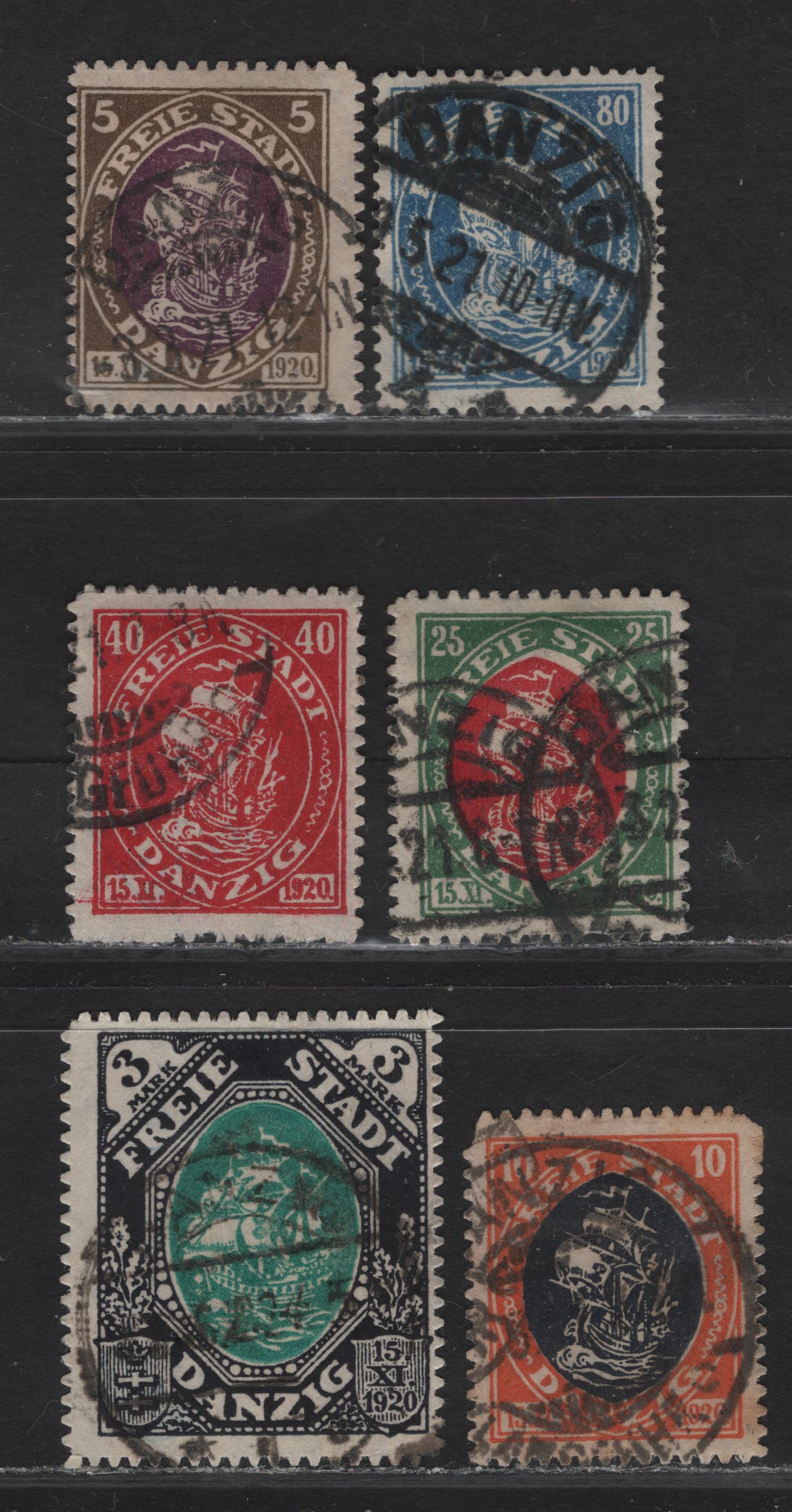 Lot 147 Danzig SC#49-53, 56 5pf - 3m Brown & Violet - Black & Greenish Blue , 1921 Hanseatu Ship Definitives, 6 Very Good/Fine Used Singles, All Postally Used, BPP Guarantee Handstamps
