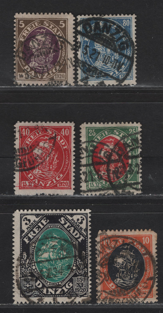 Lot 147 Danzig SC#49-53, 56 5pf - 3m Brown & Violet - Black & Greenish Blue , 1921 Hanseatu Ship Definitives, 6 Very Good/Fine Used Singles, All Postally Used, BPP Guarantee Handstamps