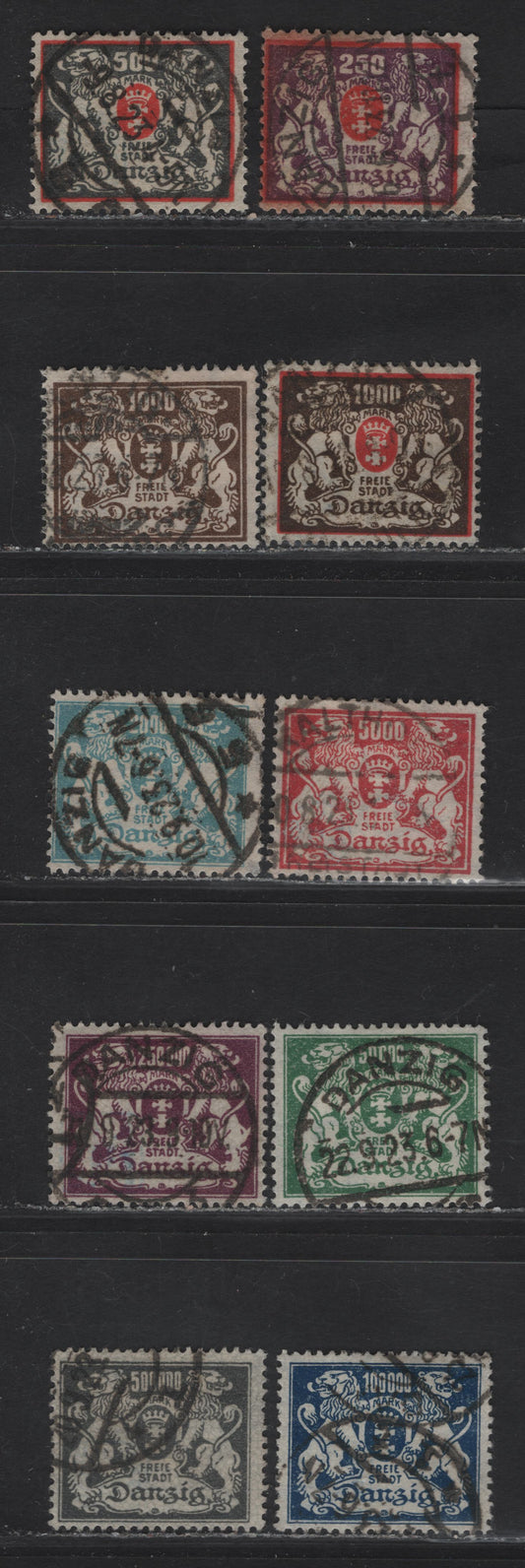 Lot 150 Danzig SC#117, 119-120, 127, 129, 131-135 250m - 500,000m Violet & Red - Slate Arms - Coat of Arms, 1923 Arms Issue, 10 Fine/Very Fine Used Singles, All Postally Used, BPP Guarantee Handstamps