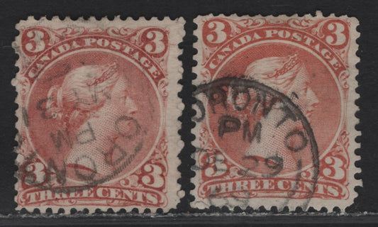 Lot 15 (C) Canada #25 3c Dull Copper Red - Indian Red Queen Victoria, 1868-1876 Large Queen Issue, 2 Fine Used Singles, Paper FO-O (Duckworth 10), Perf 11.9x12, May 31, 1869 & Dec. 29 1869 Toronto CDS Cancels.
