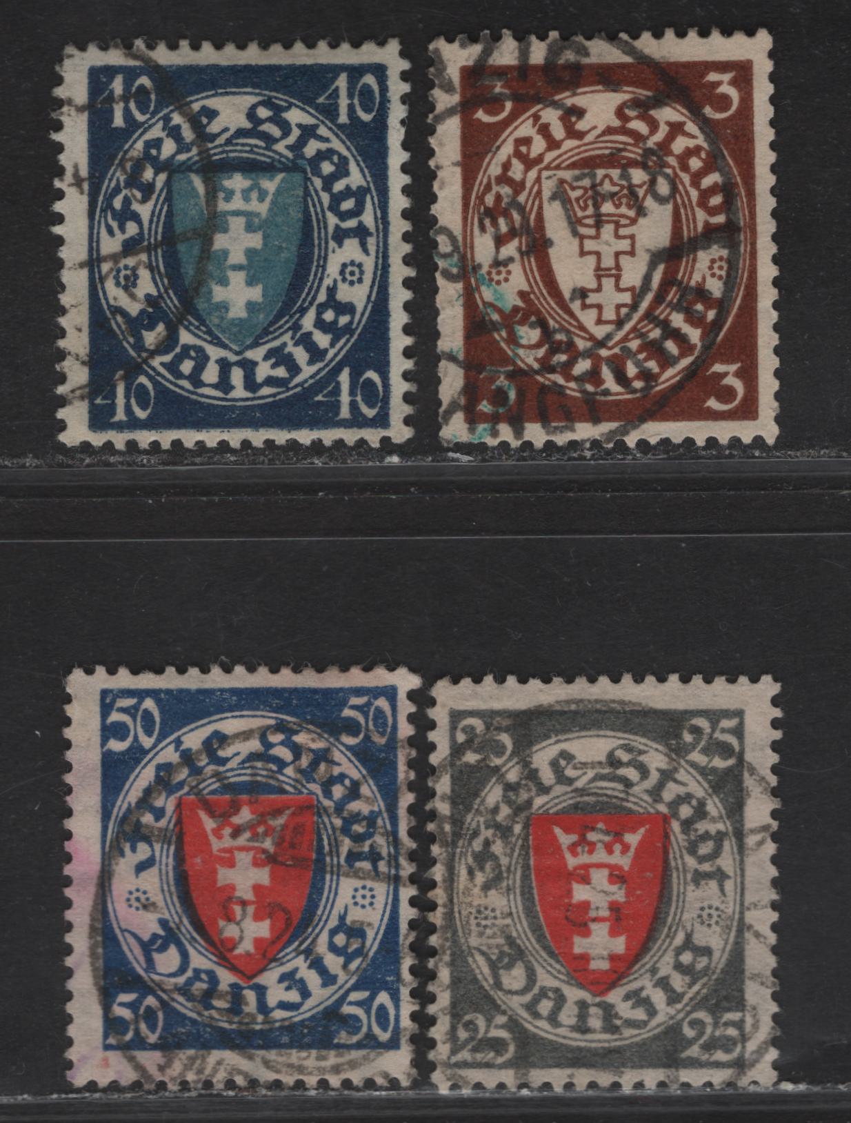 Lot 152 Danzig SC#168, 179, 184, 187 3pf - 50pf Brown on Yellowish White - Blue & Red Arms - Airplane, 1924-1937 Arms Issue, 4 Fine/Very Fine Used Singles, Webbing Wmk