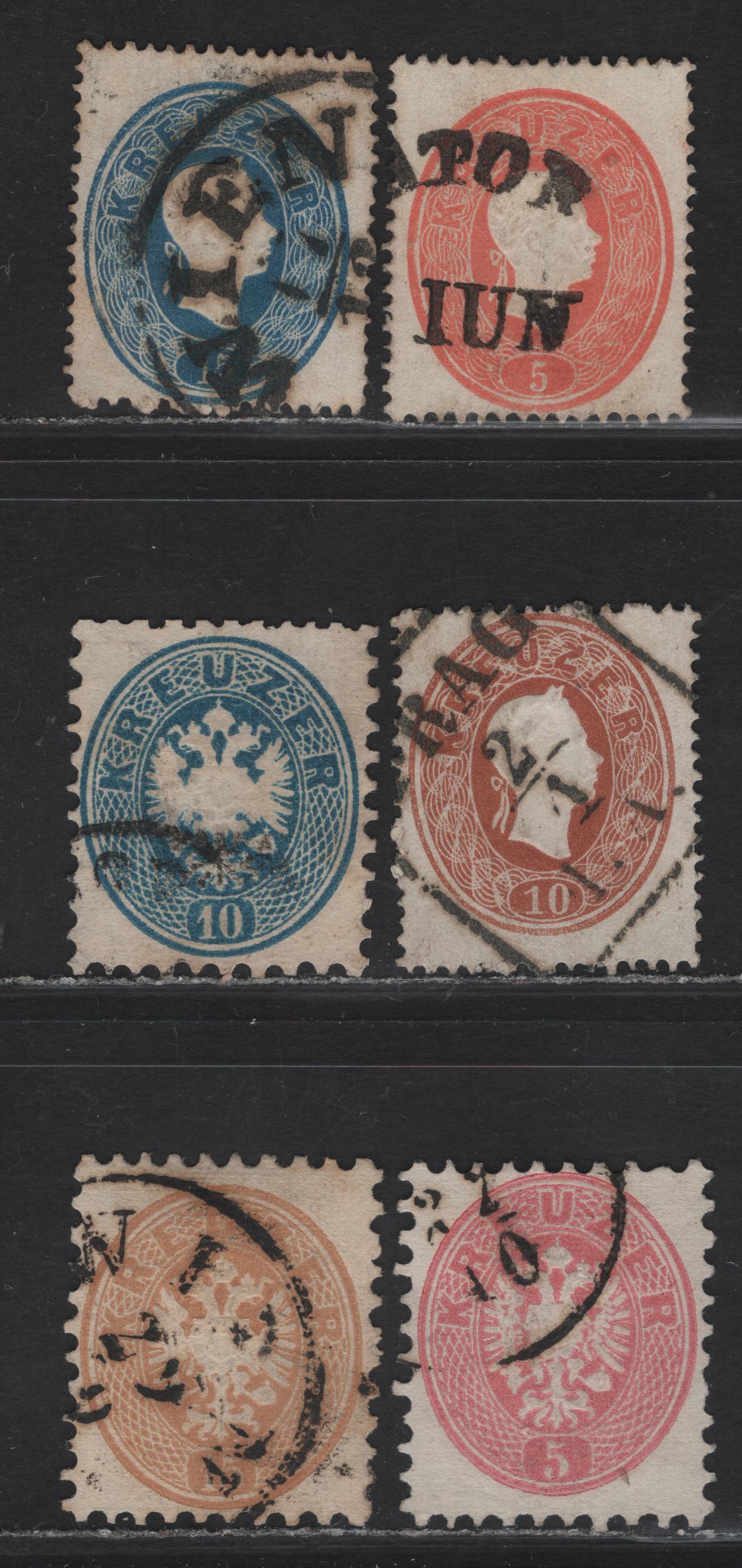 Lot 153 Austria SC#14-16, 24-26 5k - 15k Red - Yellow Brown Franz Joseph - Arms, 1860-1864 Franz Joseph Embossed - Embossed Arms Issues, 6 Fine/Very Fine Used Singles