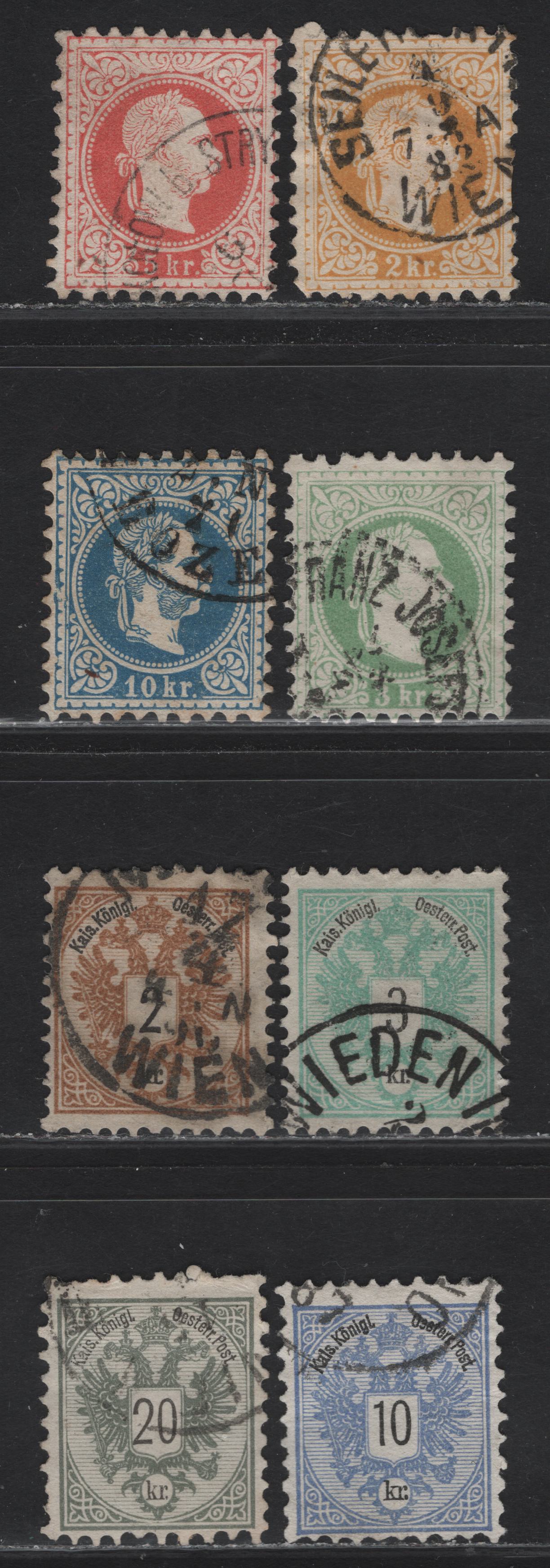 Lot 154 Austria SC#30, 35f, 34, 36, 41-42, 44-45 10kr - 20kr Blue - Gray Franz Joseph - Arms, 1867-1883 Franz Joseph Sidefaces - Arms Issues, 8 Fine/Very Fine Used Singles