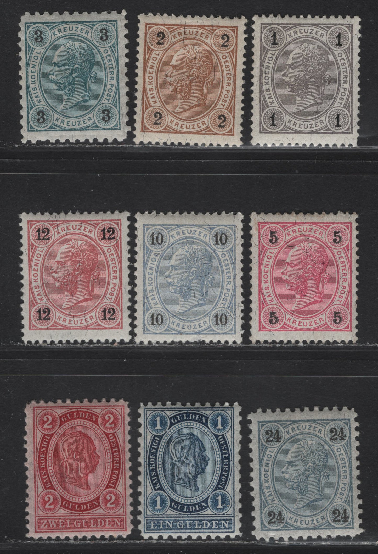 Lot 155 Austria SC#51-56, 59, 62, 64 1kr - 2gld Dark Gray & Black - Carmine Franz Joseph, 1890-1896 Franz Joseph Keyplates Issue, 9 F/VFOG Singles, Kreuzer & Guilden Currency, 1kr Has A Gum Crease