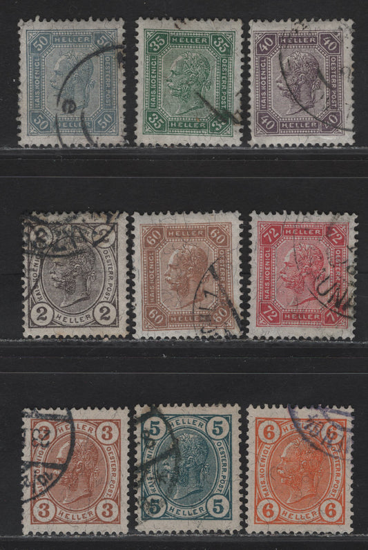 Lot 158 Austria SC#87-89, 91, 101-105 2h - 72h Dark Gray - Rose Franz Joseph, 1905-1907 Franz Joseph Keyplates Issue, 9 Fine/Very Fine Used Singles, White Numerals, Various Perfs (Including 13x13.5), Without Varnish Bars.
