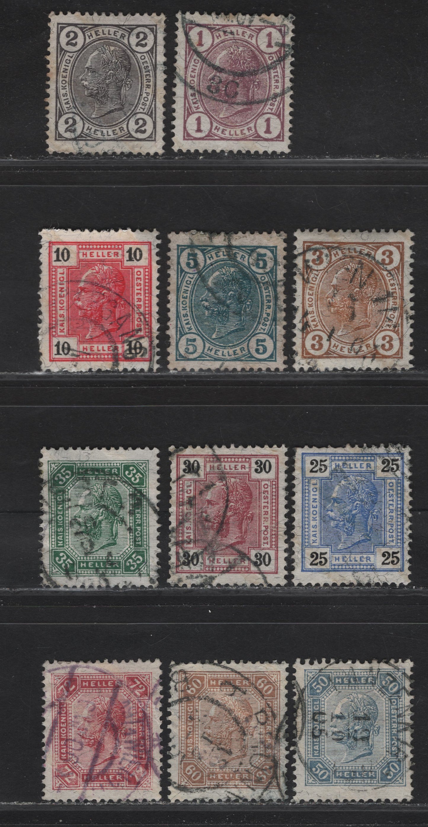 Lot 159 Austria SC#86-89, 97, 100b, 99, 101-103a, 104b, 105a 1h - 72h Lilac - Rose Franz Joseph, 1904 Franz Joseph Keyplates Issue, 11 Fine/Very Fine Used Singles, Without Varnish Bars, Perfs 13x13.5 & 13x12.5