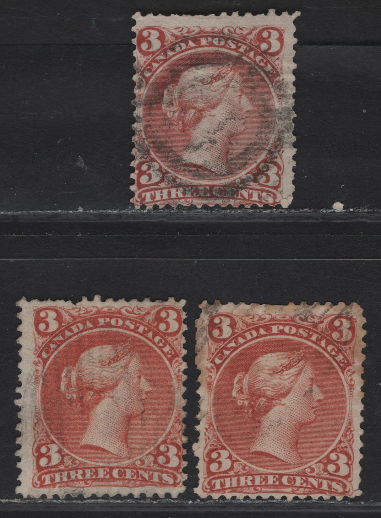 Lot 16 (C) Canada #25,I,ii 3c Deep Rose Red - Orange Red Queen Victoria, 1868-1876 Large Queen Issue, 3 Good/Very Good Used Singles, Papers FO-T (Duckworth 10), FO-O & FO-AA (Duckworth 4), Perfs 12.1x12.2, 11.8x12 & 12.1x12
