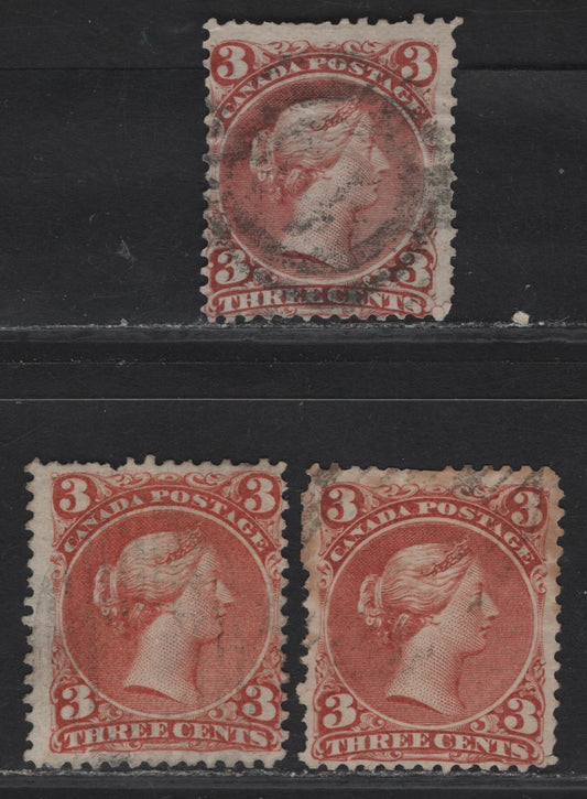 Lot 16 (C) Canada #25,I,ii 3c Deep Rose Red - Orange Red Queen Victoria, 1868-1876 Large Queen Issue, 3 Good/Very Good Used Singles, Papers FO-T (Duckworth 10), FO-O & FO-AA (Duckworth 4), Perfs 12.1x12.2, 11.8x12 & 12.1x12