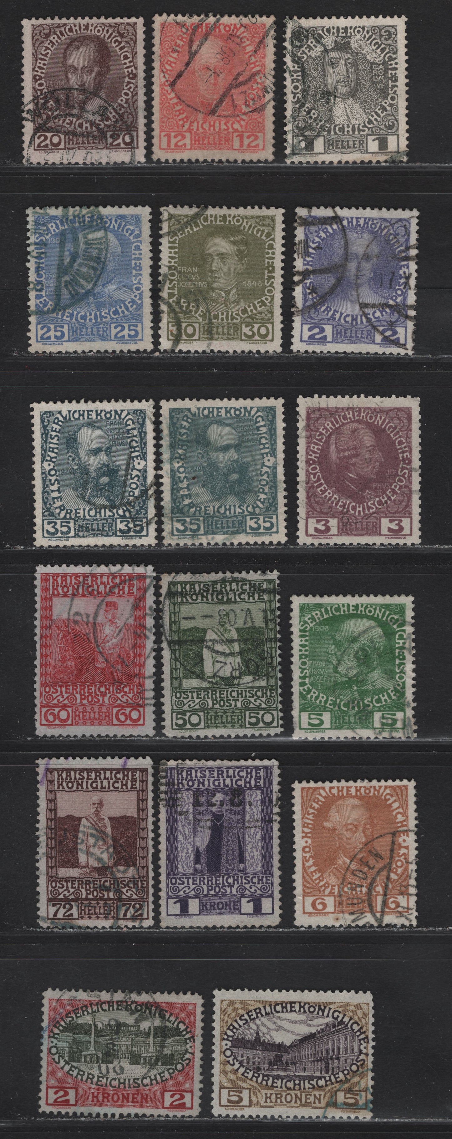 Lot 161 Austria SC#110-114, 116-120, 122c, 123a, 124c, 125a, 126 1h - 5k Gray Black - Bister & Dark Violet Franz Joseph, 1908-1916 Royal Family Issue, 17 Fine/Very Fine Used Singles, Ordinary & Grayish Paper, Includes 2 Shades Of 35h