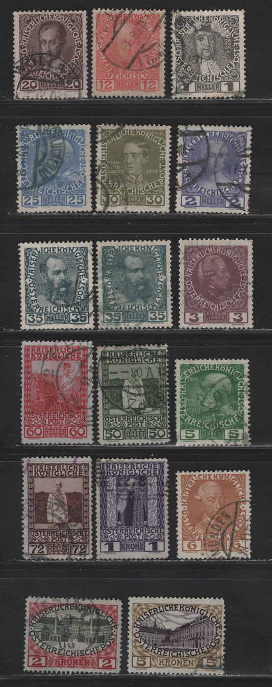 Lot 161 Austria SC#110-114, 116-120, 122c, 123a, 124c, 125a, 126 1h - 5k Gray Black - Bister & Dark Violet Franz Joseph, 1908-1916 Royal Family Issue, 17 Fine/Very Fine Used Singles, Ordinary & Grayish Paper, Includes 2 Shades Of 35h