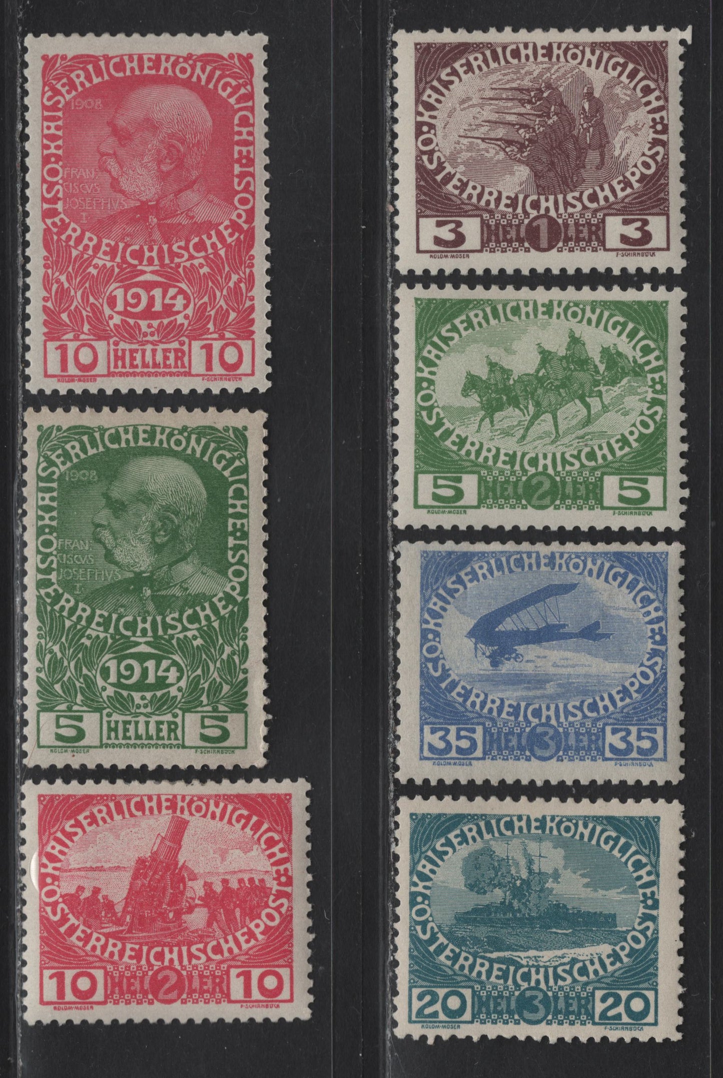 Lot 162 Austria SC#B1-B2, B3-B7 5h - 35h+3h Green - Ultramarine Emperor Franz Joseph - Airplane, 1914-1915 Semi Postal Issues, 7 F/VFOG/NH Singles