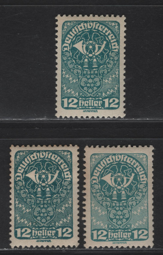Lot 163 Austria SC#206, 206a 12h Greenish Blue, Pale Greenish Blue & Deep Greenish Blue Allegory of New Republic, 1919-1920 Allegory of New Republic Issue, 3 VFOG/NH Singles, The Mid Shade Is NH